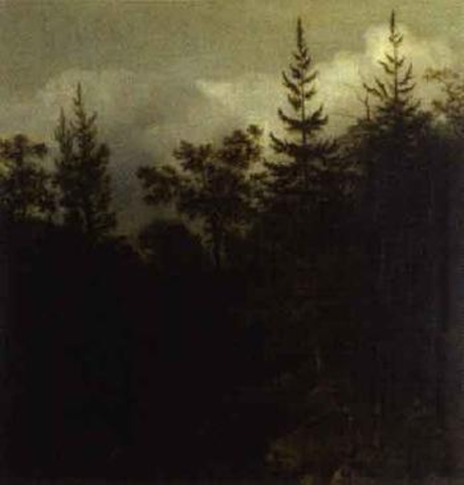 Hunters and deer in forest landscape by Allart van Everdingen