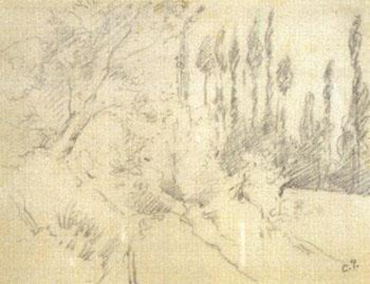 Trees in landscape by Camille Pissarro