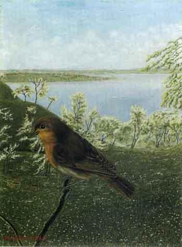 Robin on branch, lake Untersee beyond by Adolf Dietrich