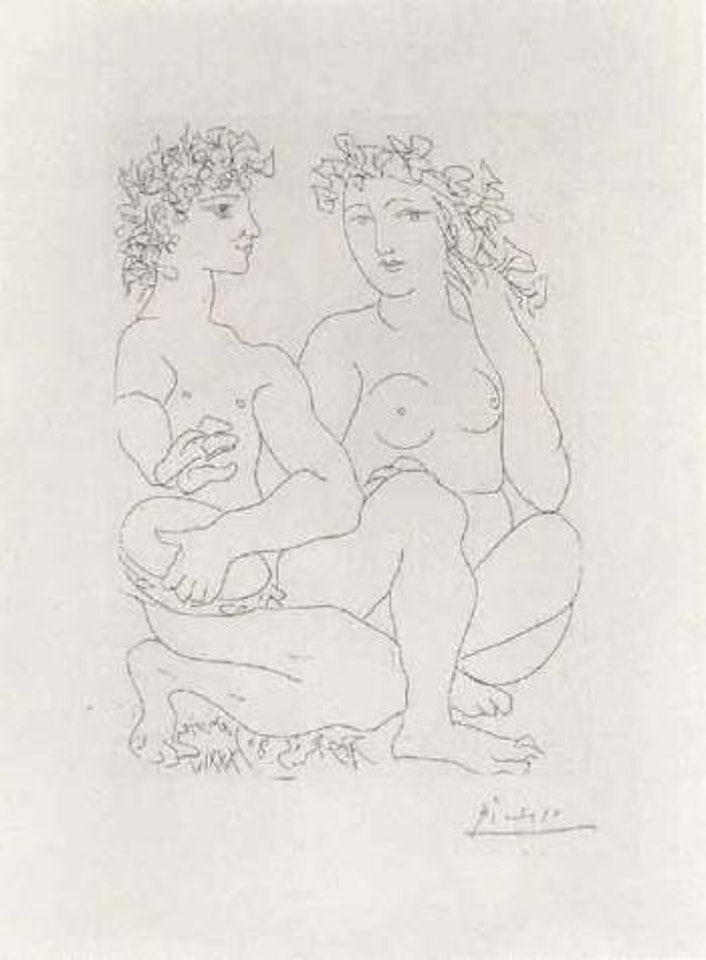 Jeune couple accroupi,l'hommme avec un tambourin, plansch 119 by Pablo Picasso