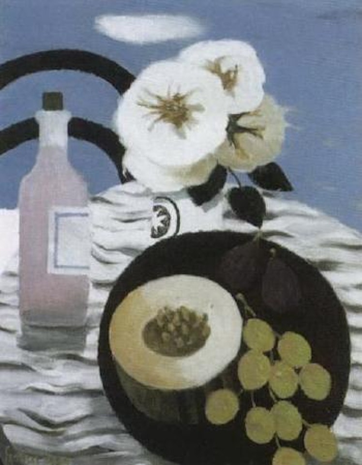 Black dish with grapes, figs and melon by Mary Fedden