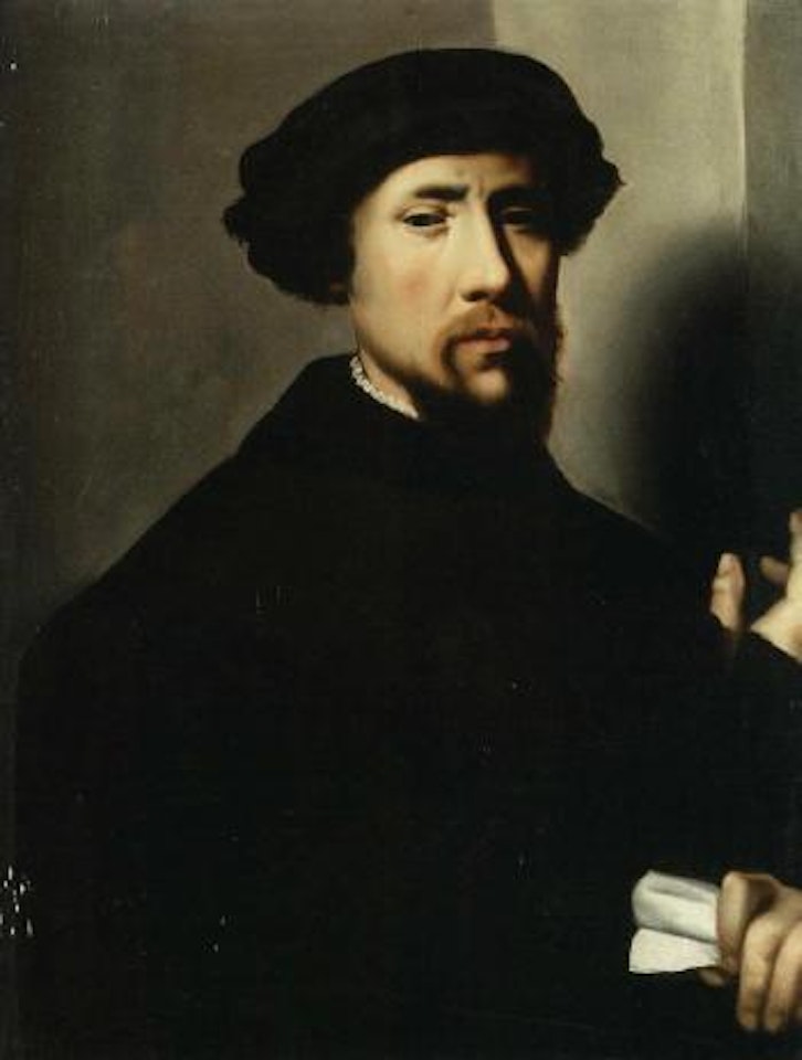 Portrait of bearded gentleman wearing black hat, holding letter by Joos van Cleve