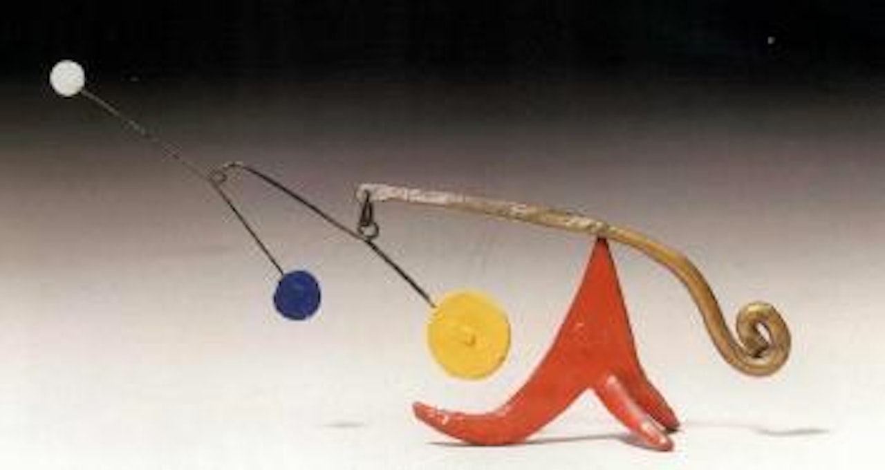 Polychrome dots and brass on red by Alexander Calder