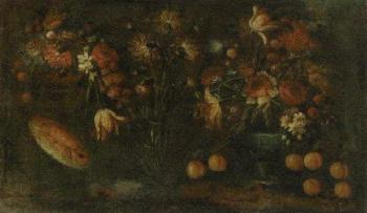 Flowers and fruit in landscape by Italian School