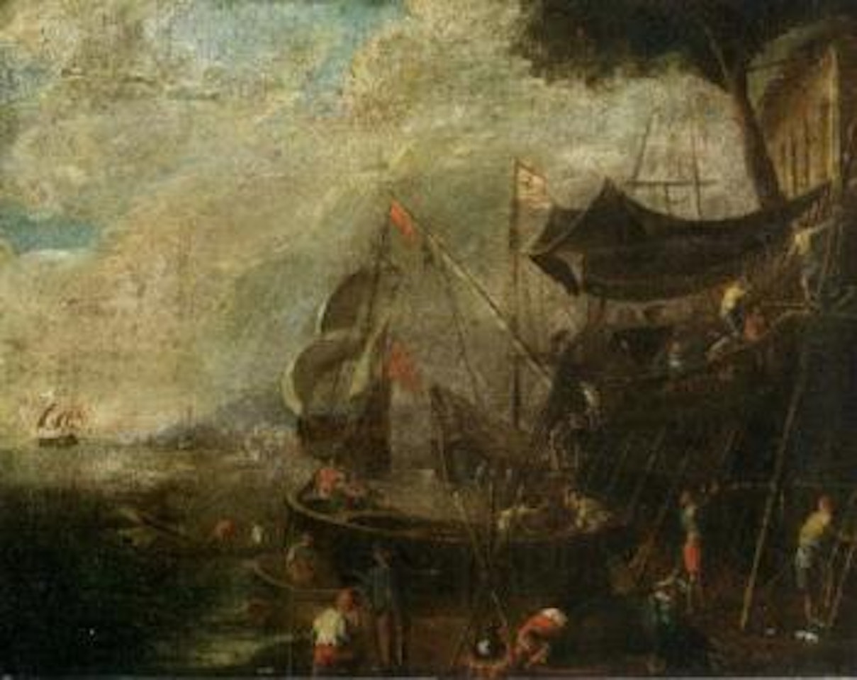 Mediterranean landscape with shipbuilders by Italian School