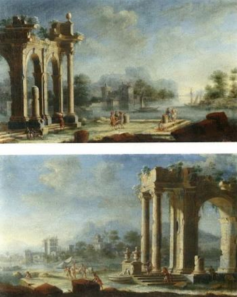 Architectural capricci with travellers by Gennaro Greco