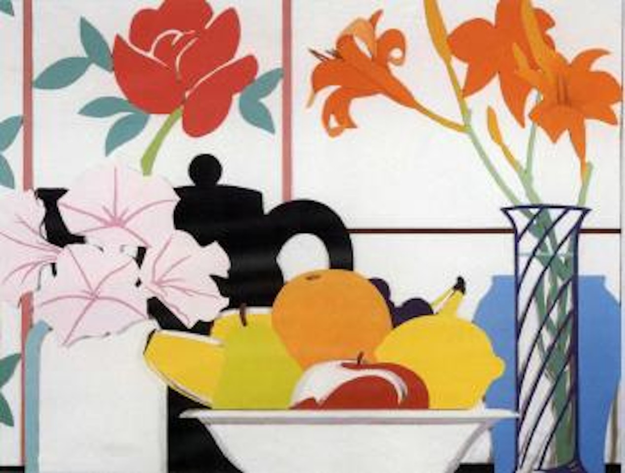 Still life with petunias, lilies and fruit by Tom Wesselmann