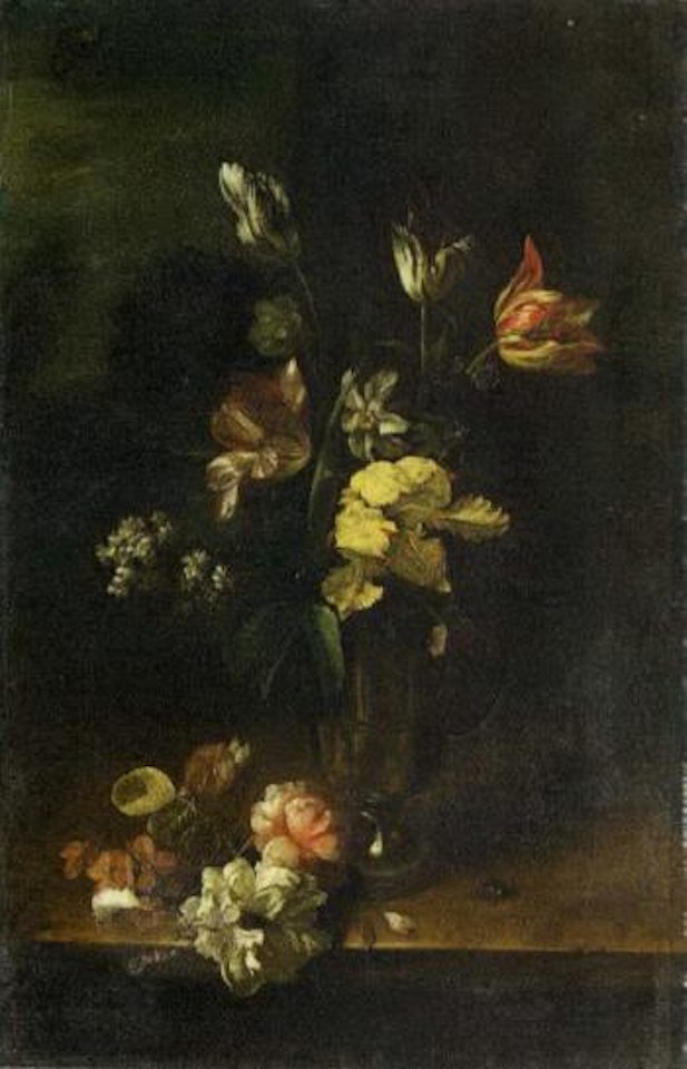 Flowers in pewter jug and on stone ledge by Dutch School