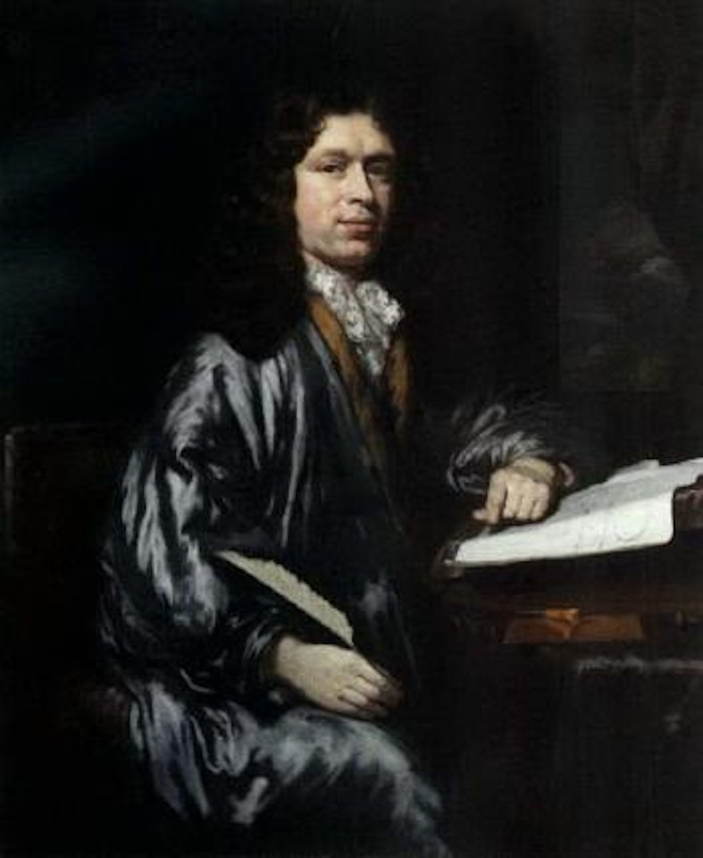 Gentleman wearing blue robe. Lady wearing red gown by Nicolaes Maes