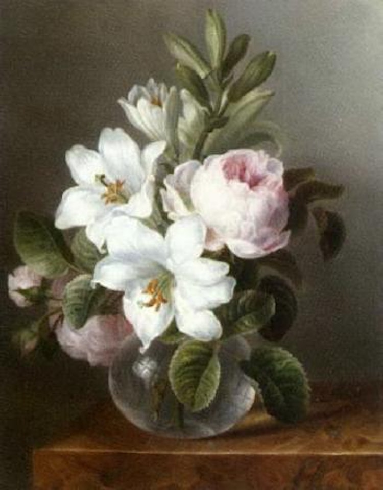 Roses and lilies in glass vase on stone ledge by Dutch School