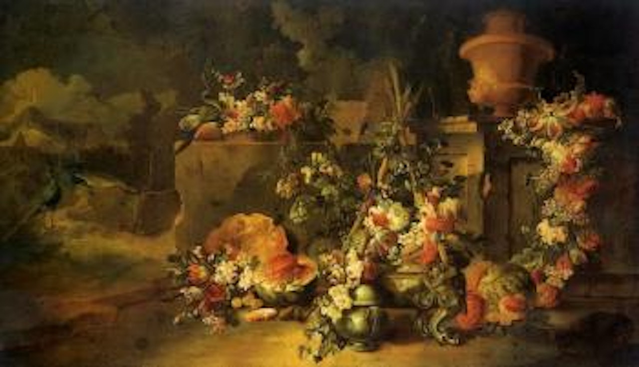 Flowers and fruit in architectural landscape, peacocks and ruins beyond by Gasparo Lopez