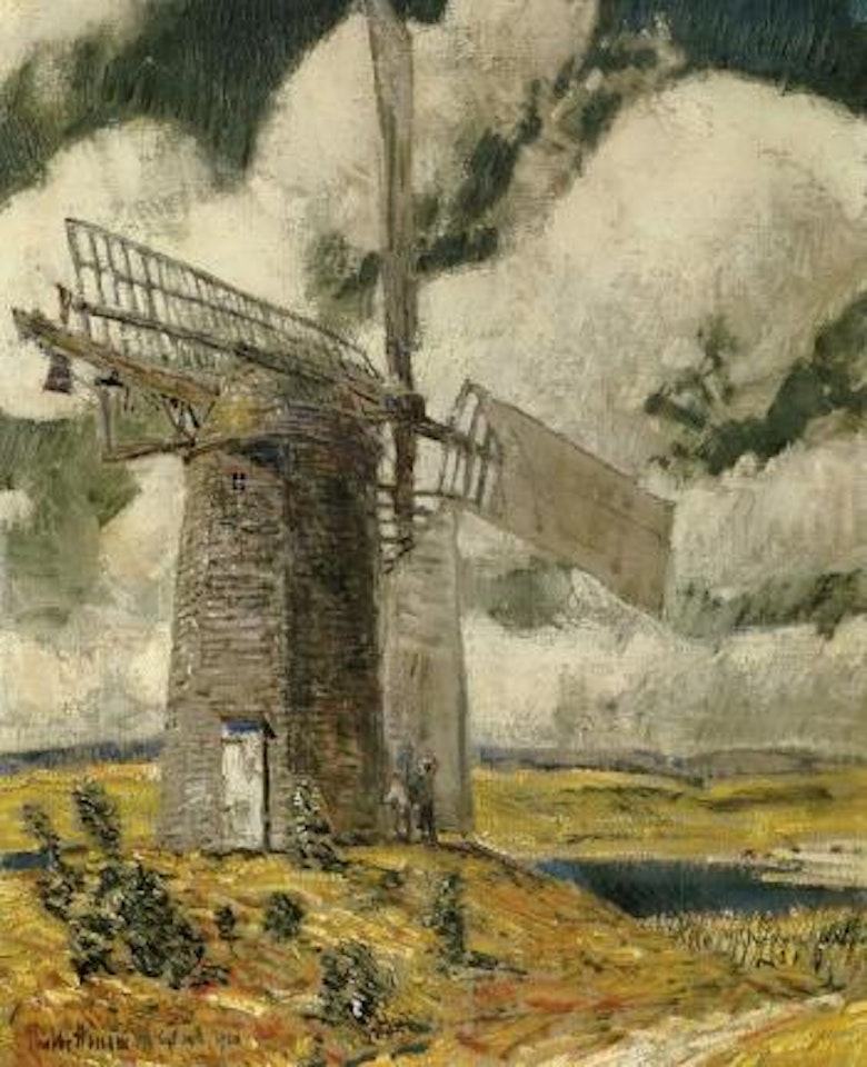 Bending sail on the old mill by Childe Hassam