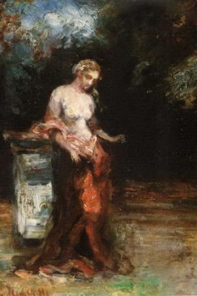 Young beauty in garden by Adolphe Monticelli