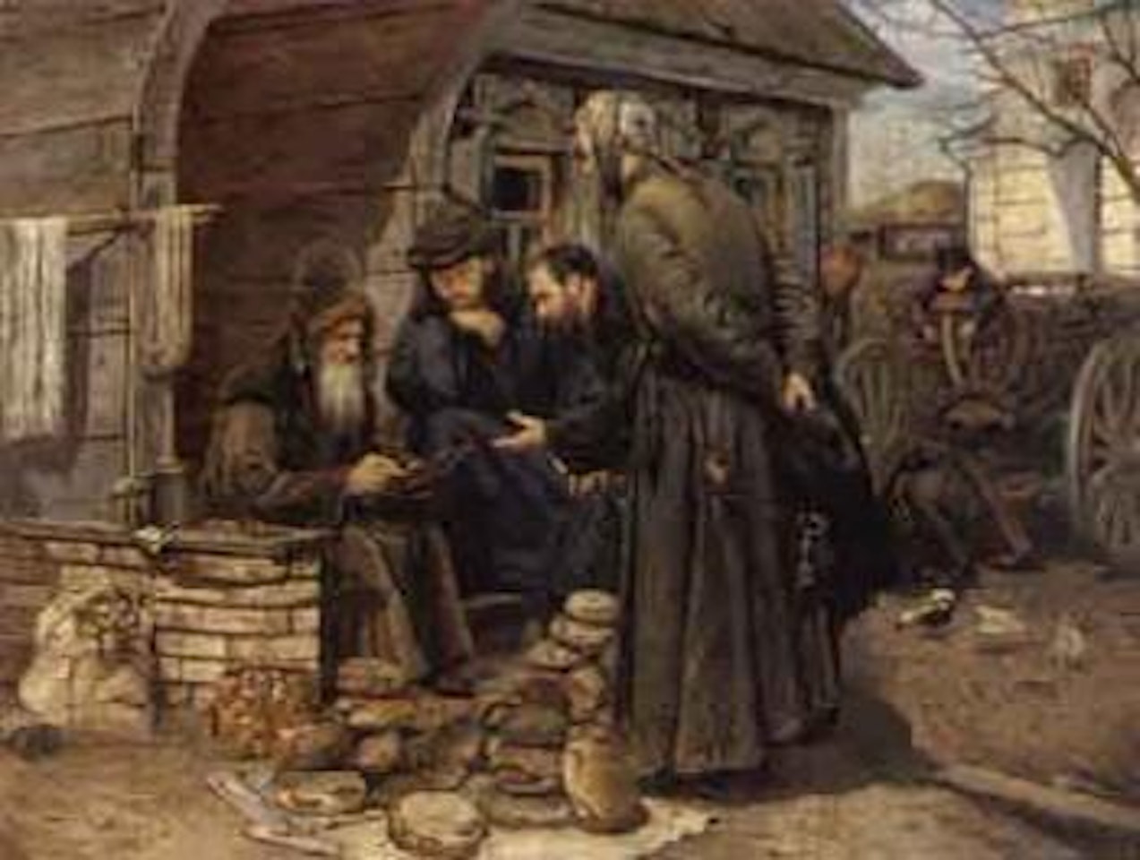 Bartering with the old bread seller by Russian School