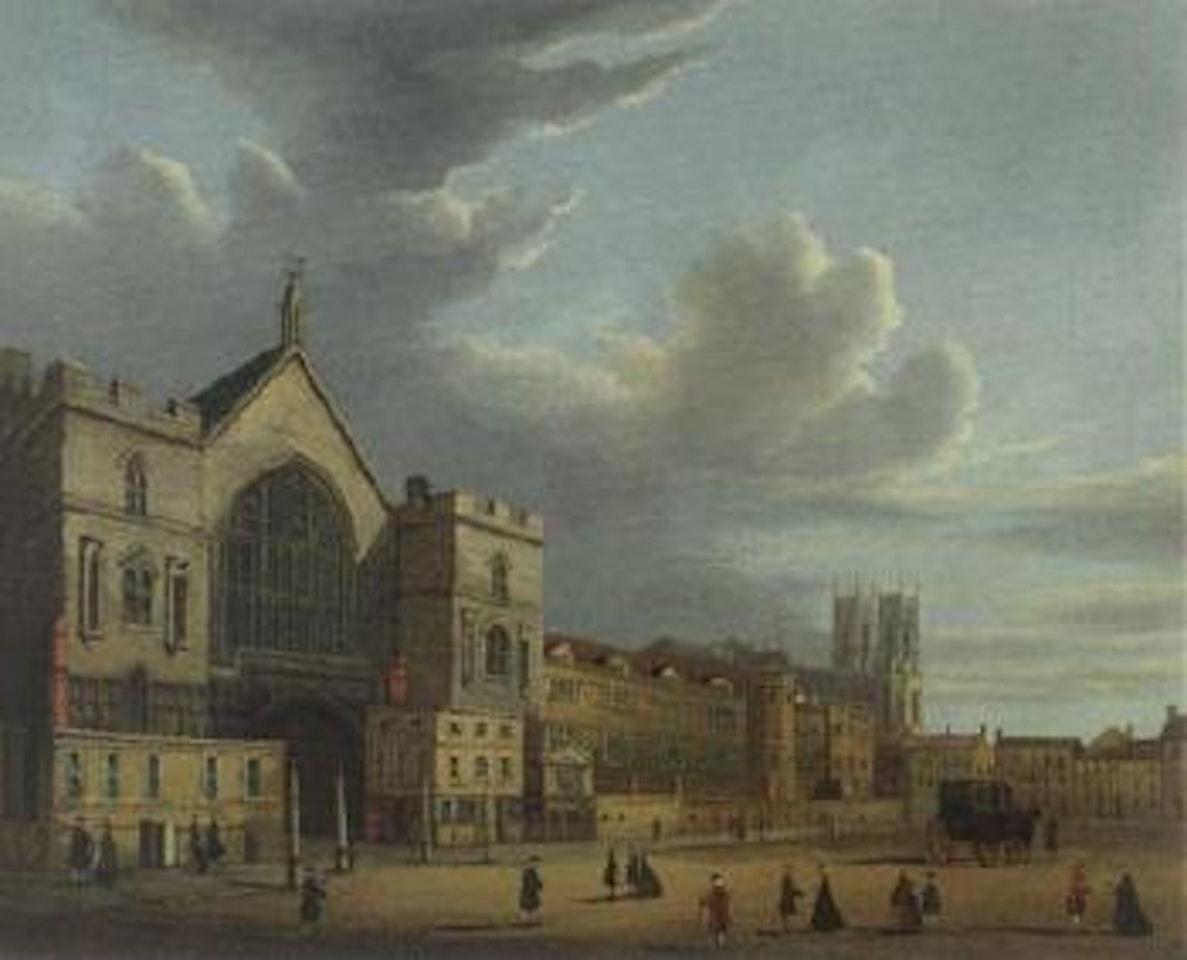 New Palace Yard with figures in the foreground and Westminster Abbey beyond by English School
