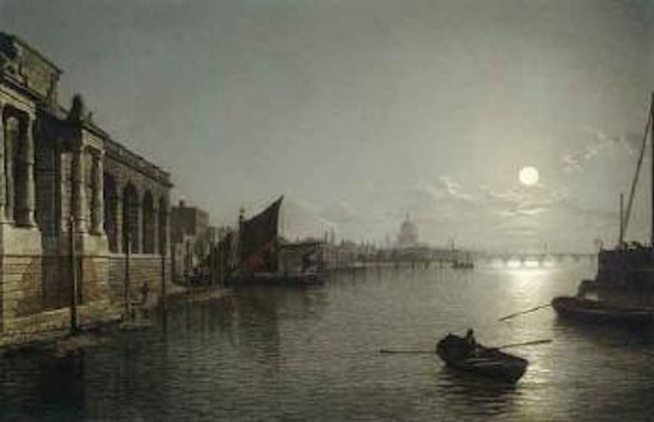 View on the Thames by moonlight, with the terrace of Somerset House by Henry Pether