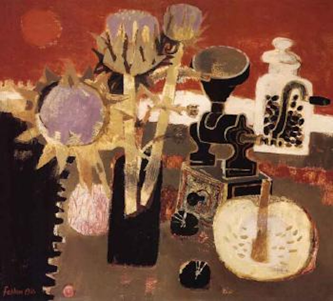 Still life with artichokes and coffee grinder by Mary Fedden