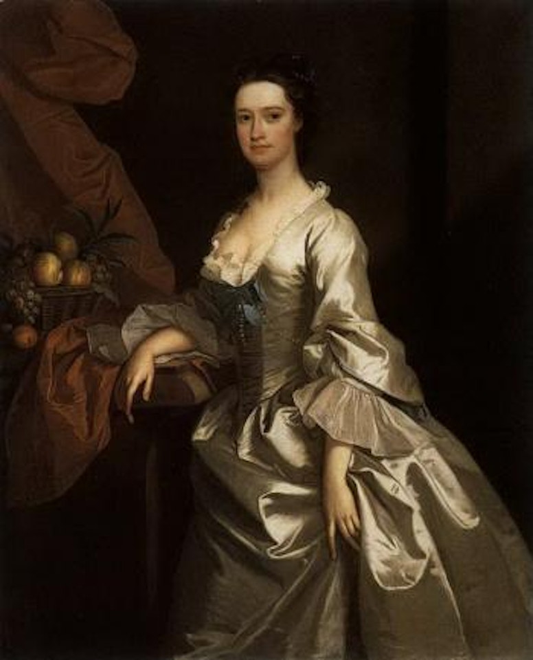 Portrait of Jane Willes, Lady Sloper, wearing white satin dress by Thomas Hudson