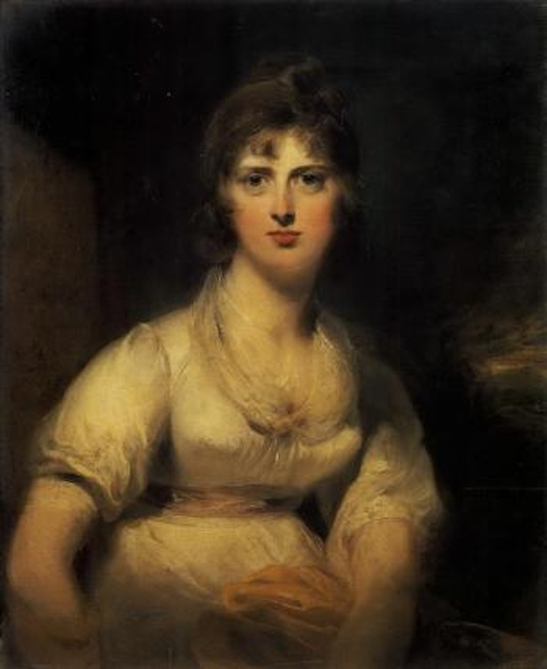 Portrait of Margarette Willes wearing white dress and pink sash, landscape beyond by Sir Thomas Lawrence