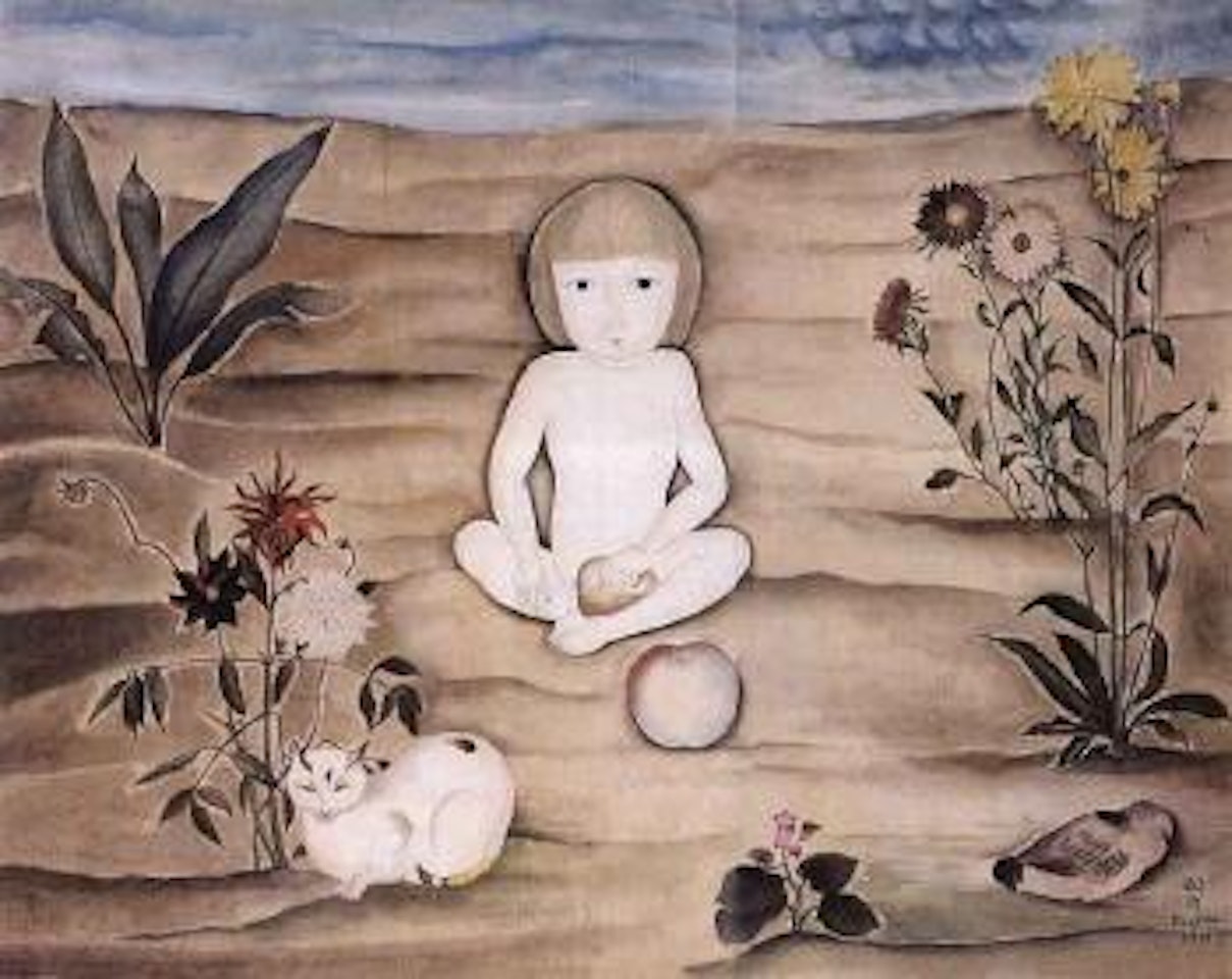 Young boy in garden with cat and bird by Leonard Tsuguharu Foujita