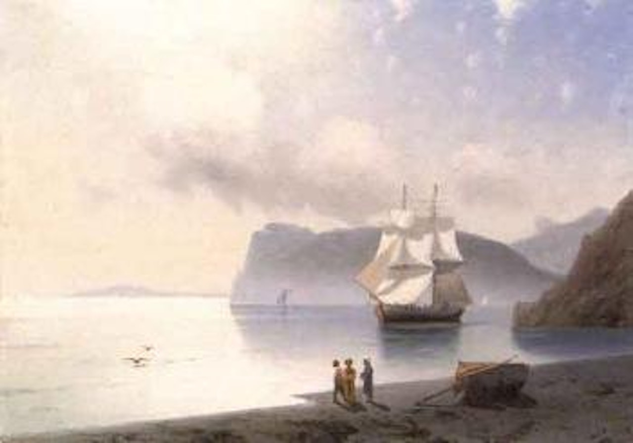 Rocky coastline with ship by Ivan Konstantinovich Aivazovsky