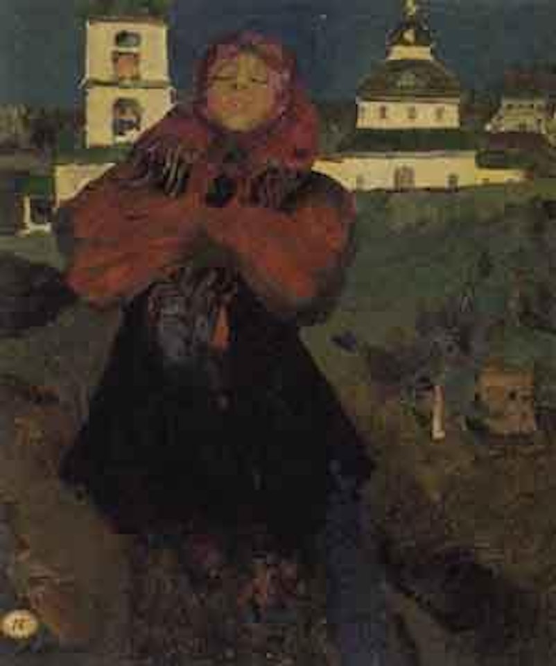 Woman in pink headscarf standing before church by Filip Malyavin