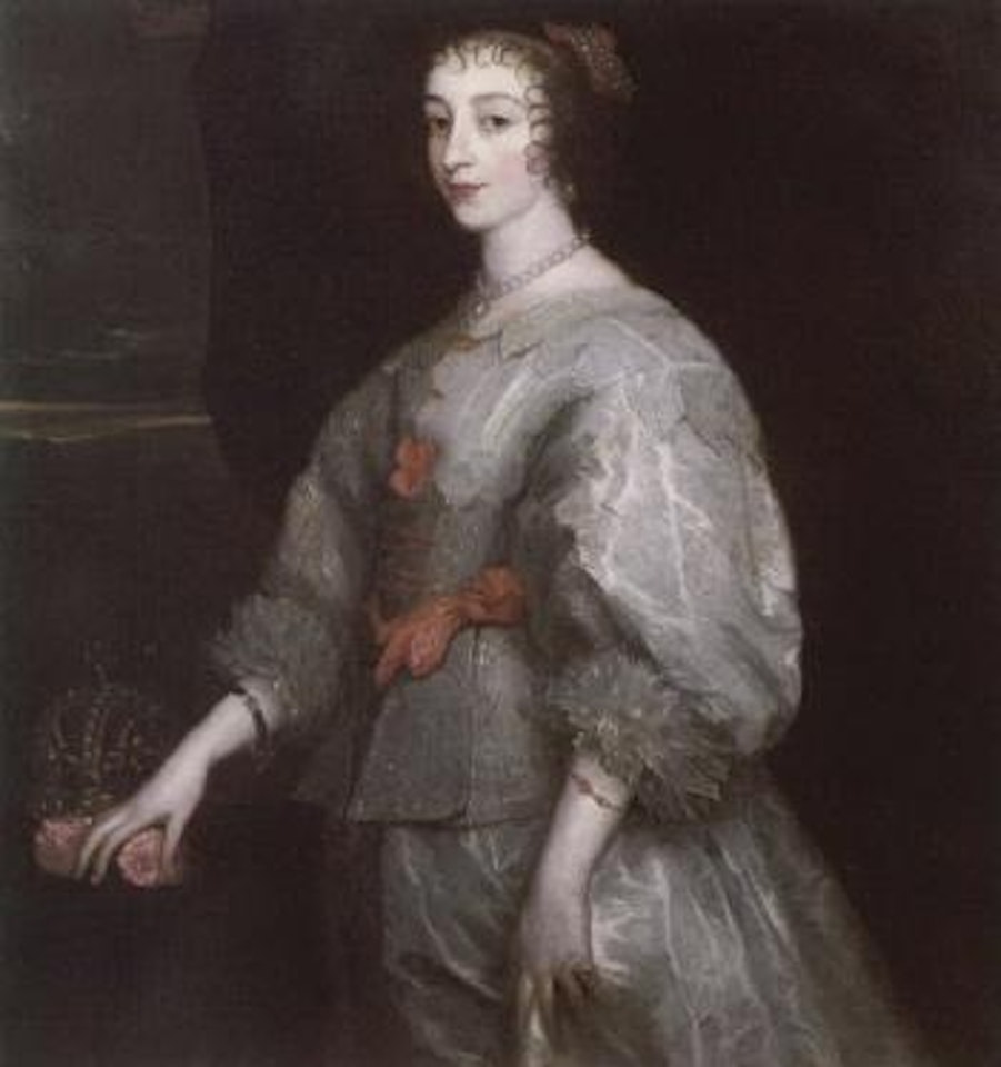 Portrait of Queen Henrietta Maria wearing a white dress with flowers, standing beside crown table by Anthony van Dyck