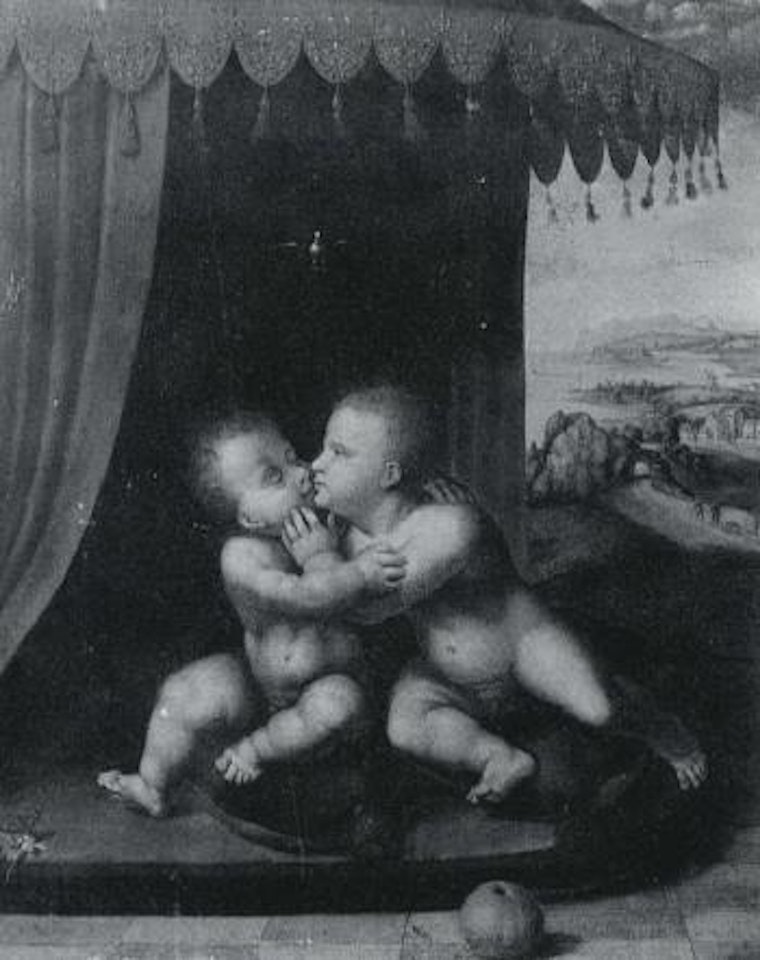 Infants Christ and Saint John the Baptist sitting beneath a canopy, landscape beyond by Joos van Cleve