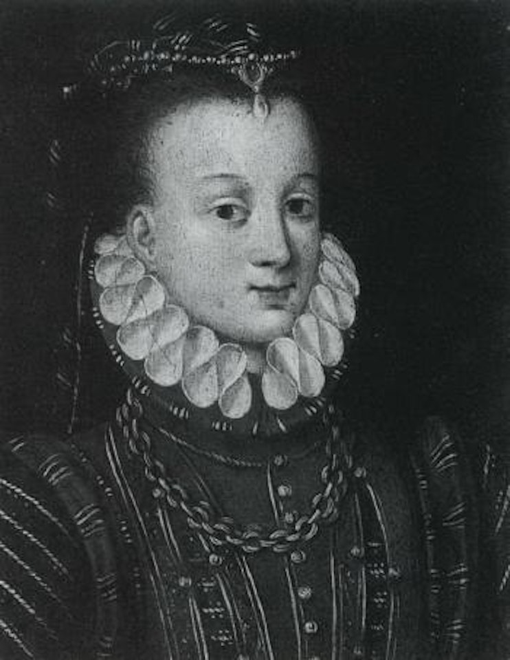 Portrait of lady wearing a red bodice with gold embroidert , white ruff with a gold chain by Attributed to Francois Clouet