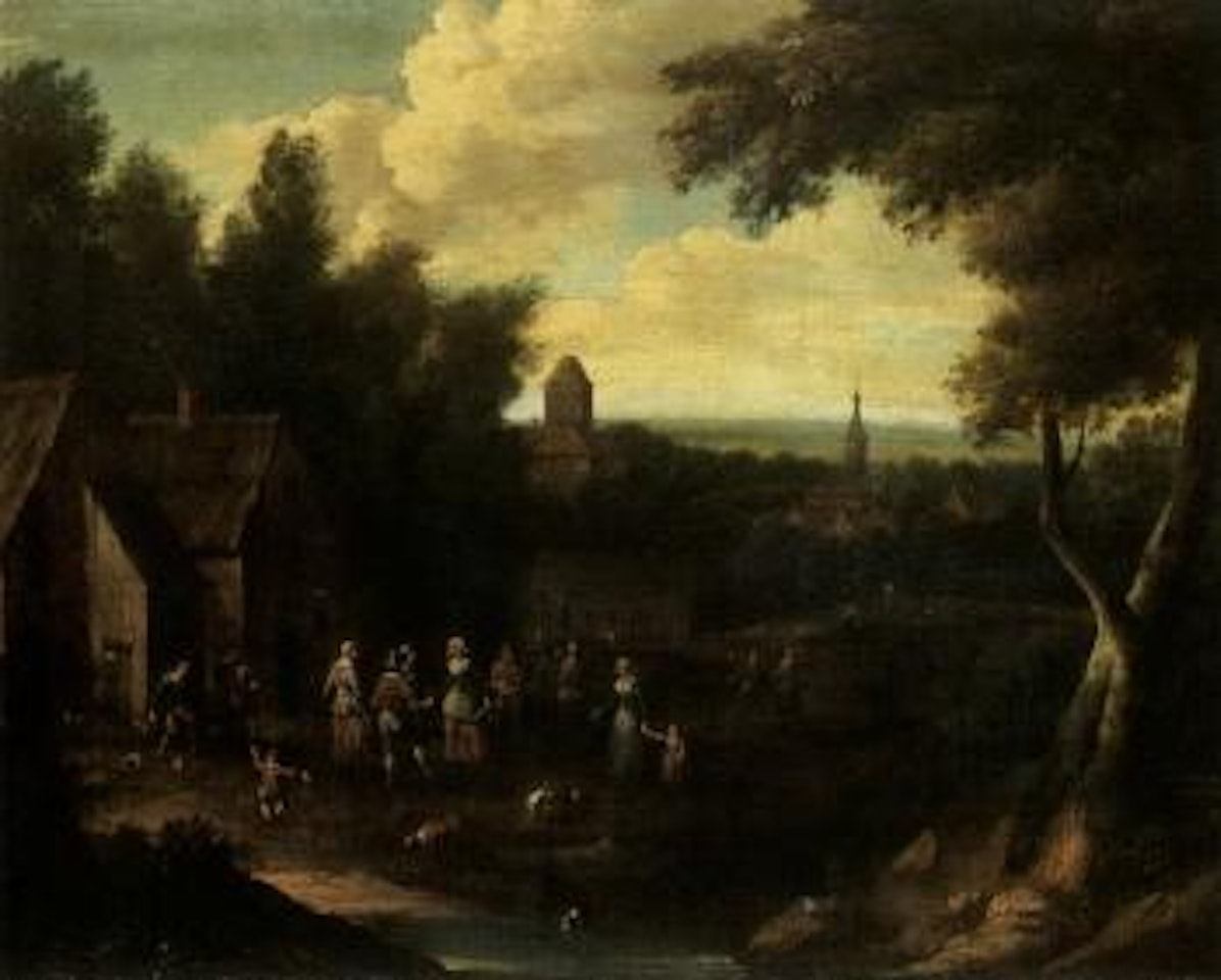 Wooded landscape with figures dancing outside a tavern by Adriaen Frans Boudewyns by Pieter Bout