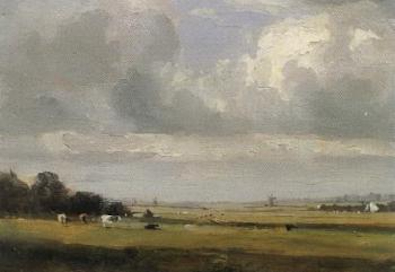 Norfolk landscape with cattle in the foreground and windmills in the distance by Campbell Mellon