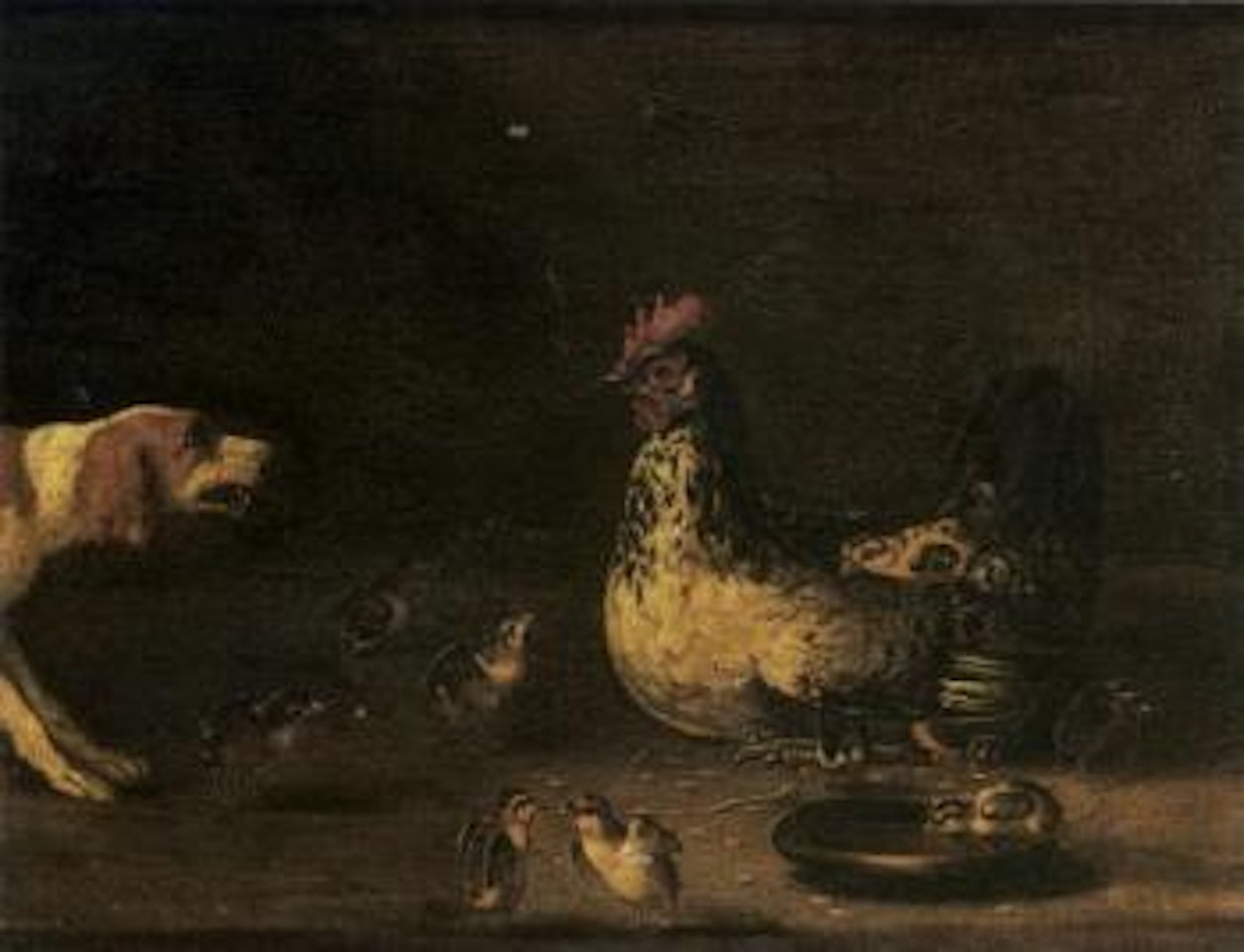 Farmyard with chickens and a spaniel by Adriaen van Utrecht