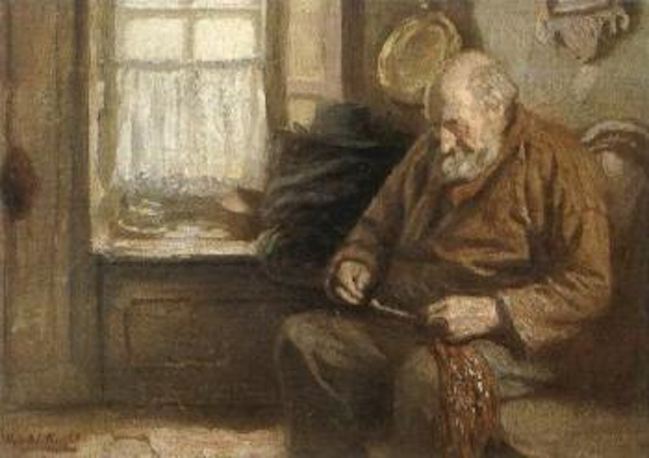 Mending the nets, interior scene with a gentleman seated by Harold Knight