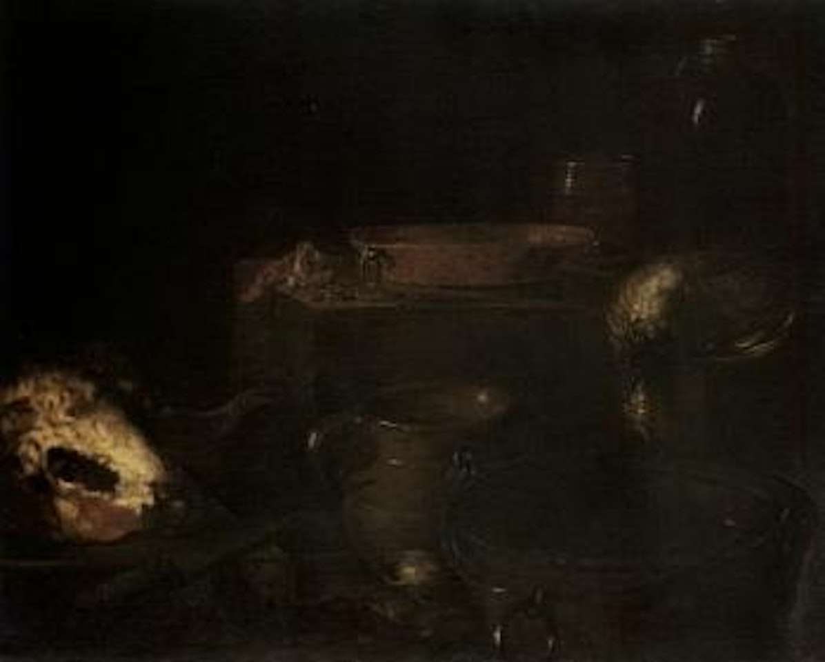 Kitchen still life with bucket of water, head of a goat upon a stone ledge by Spanish School