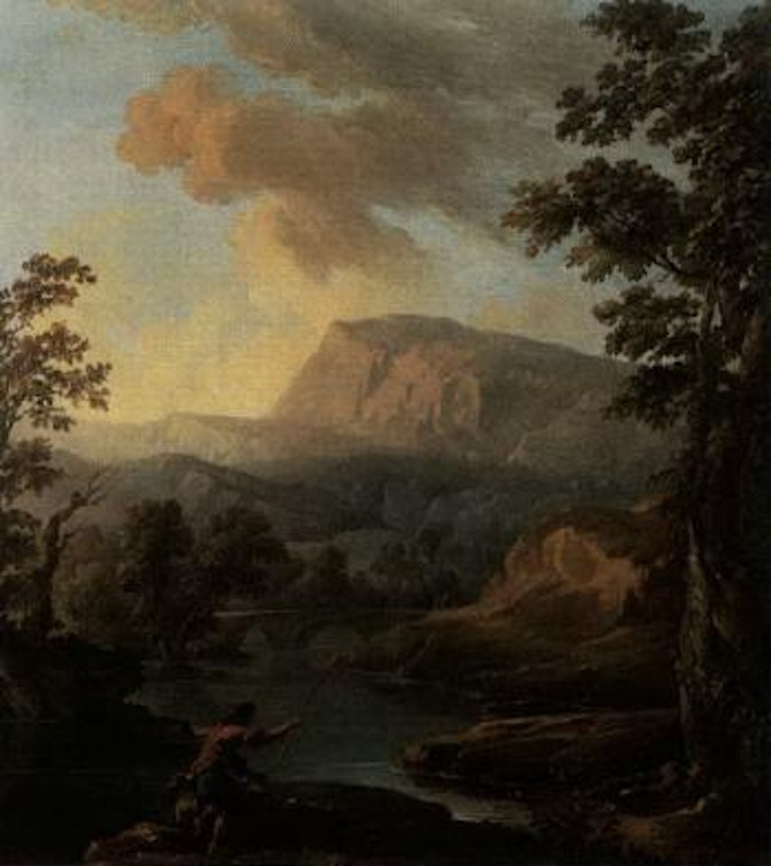 Mountainous landscape with fishermen and a bridge beyond by Claude Joseph Vernet