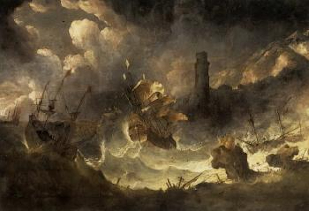Coastal landscape with shipping in a storm by Pieter Mulier II