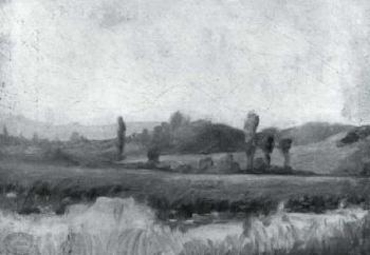 Hilly landscape with lake by Pierre Eugène Montezin