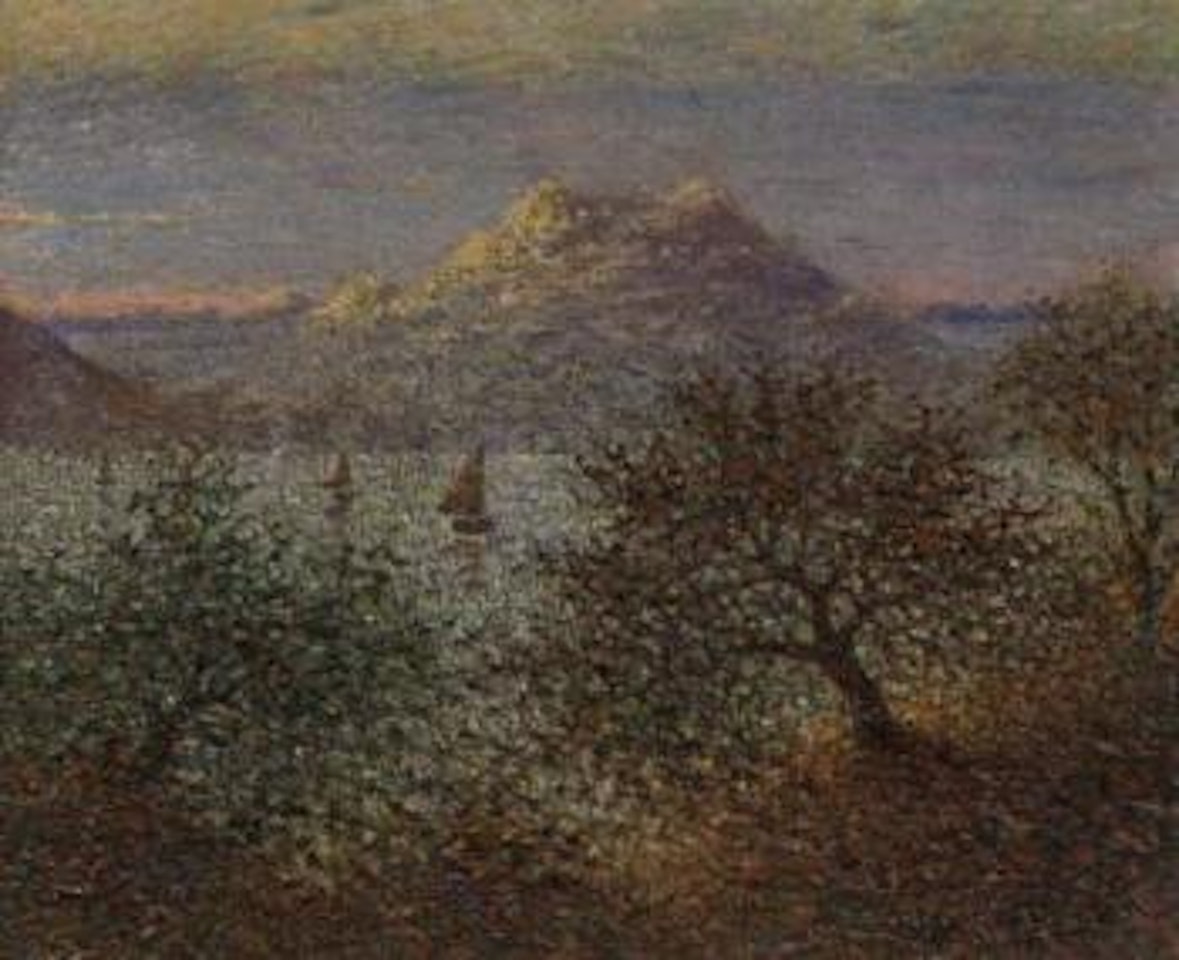 Mountain landscape with lake in evening light by French School