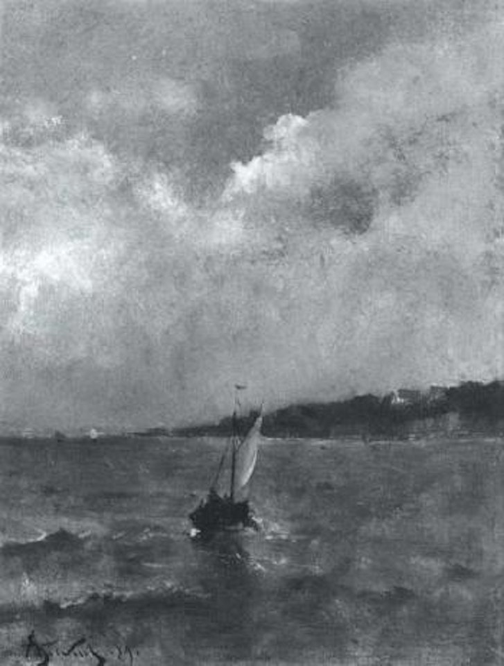 Sailing boats off coast by Alfred Stevens