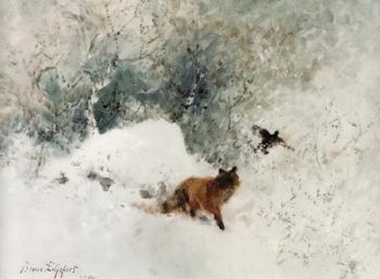 Wooded winter landscape with fox and greyhen by Bruno Liljefors