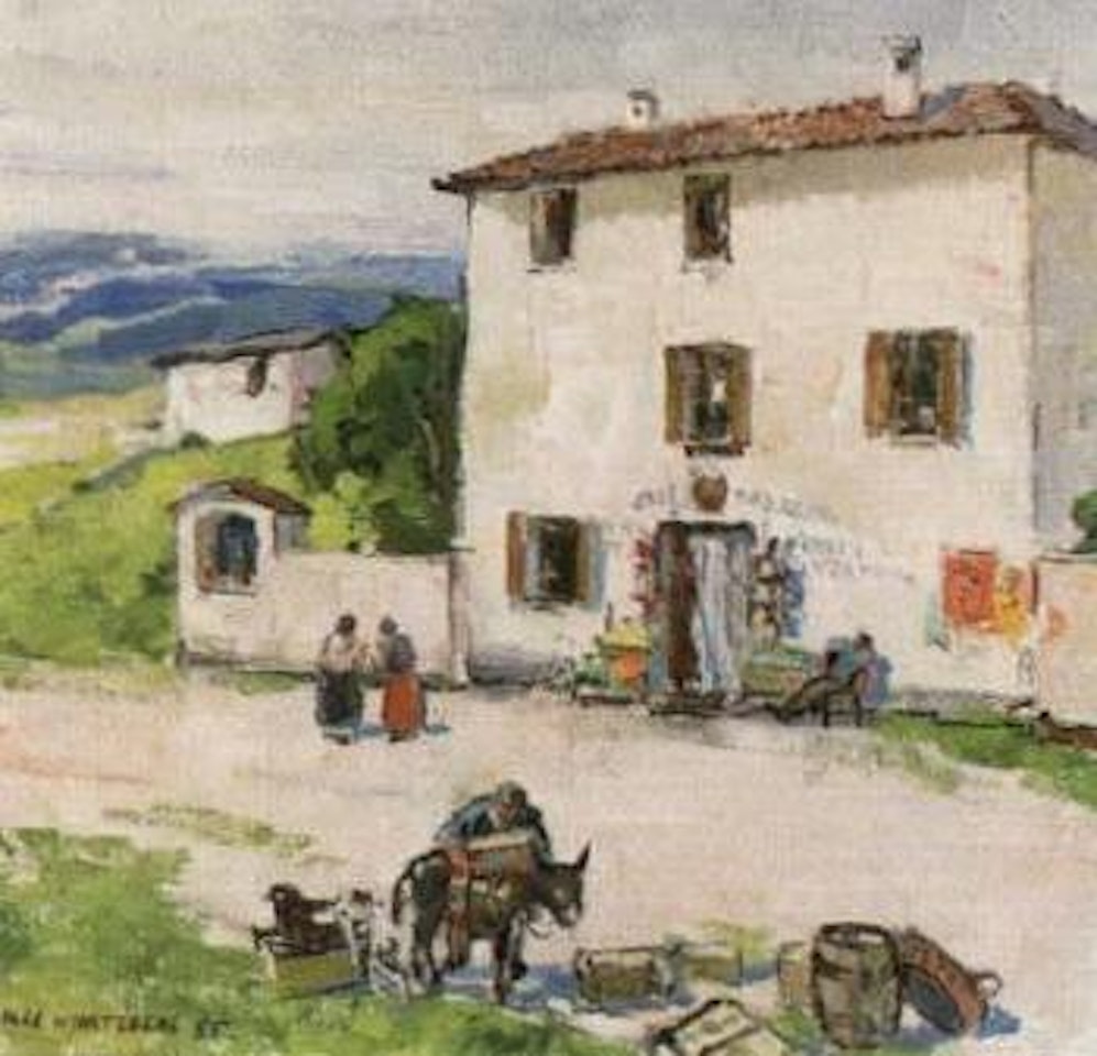 Italian landscape with figures and house by Olle Hjortzberg