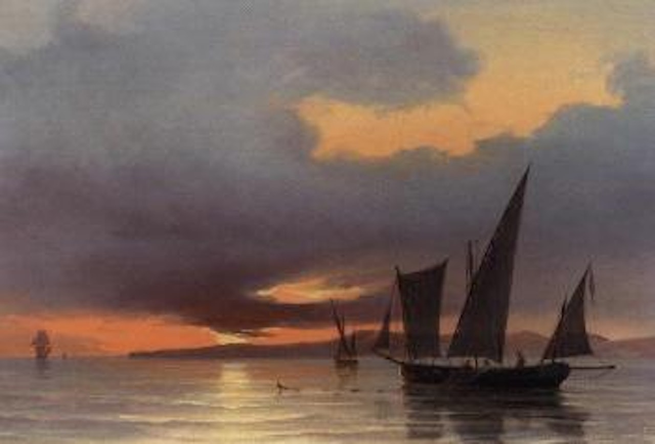 Fishing boats off the coast at sunset by Anton Melbye