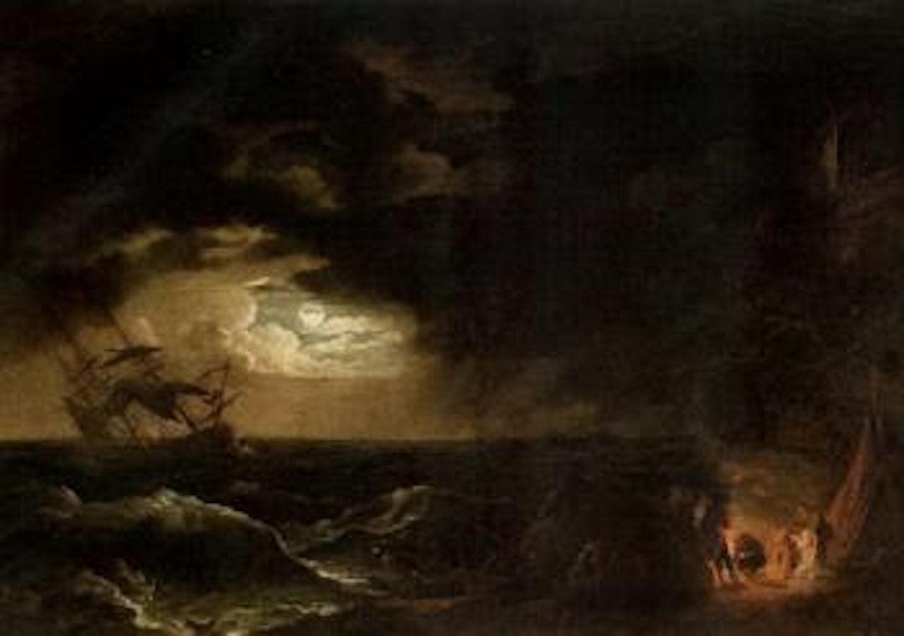 Coastal landscape with boats and figures in rough seas by Claude Joseph Vernet
