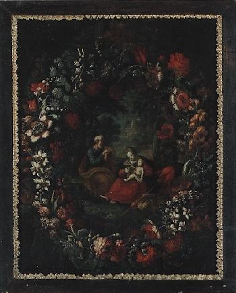 The Holy Family surrounded by garland of flowers by Flemish School