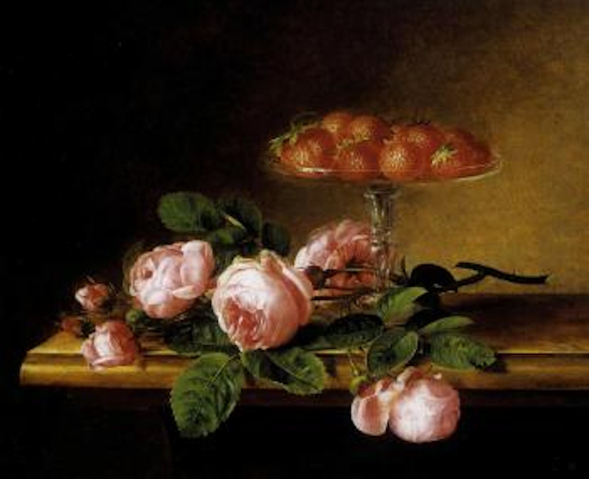 Still life of red roses and strawberries in glass dish by Hanne Hellesen