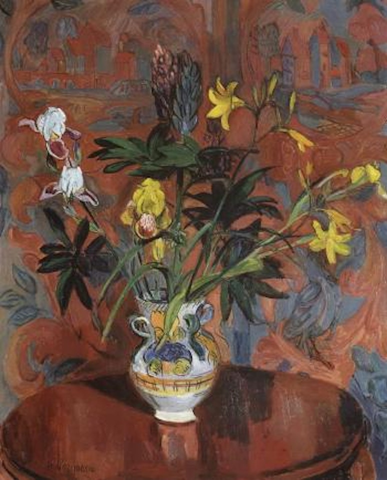 Still life of flowers including irises, lupins and lilies by Hans Purrmann