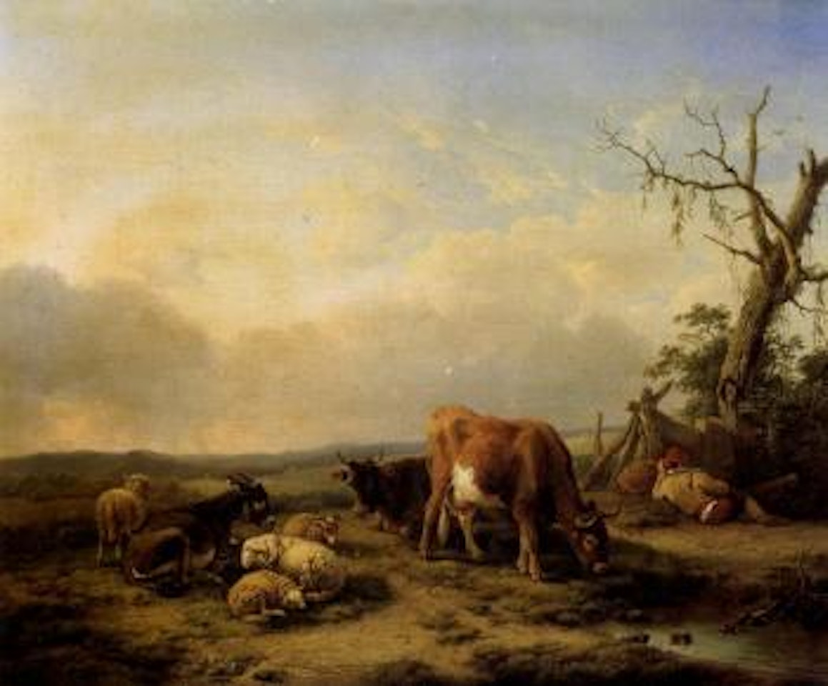Shepherd boy resting with donkey, sheep and cattle in a landscape by Eugène Joseph Verboeckhoven