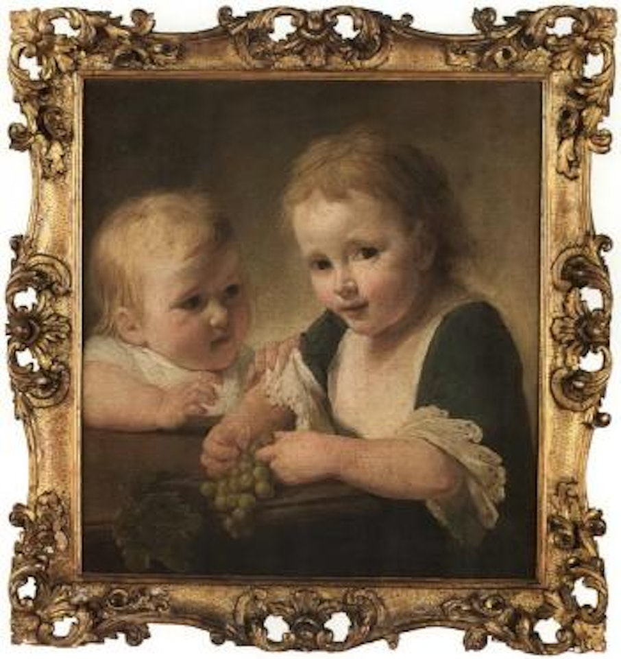 Portrait of two children holding grapes by French School