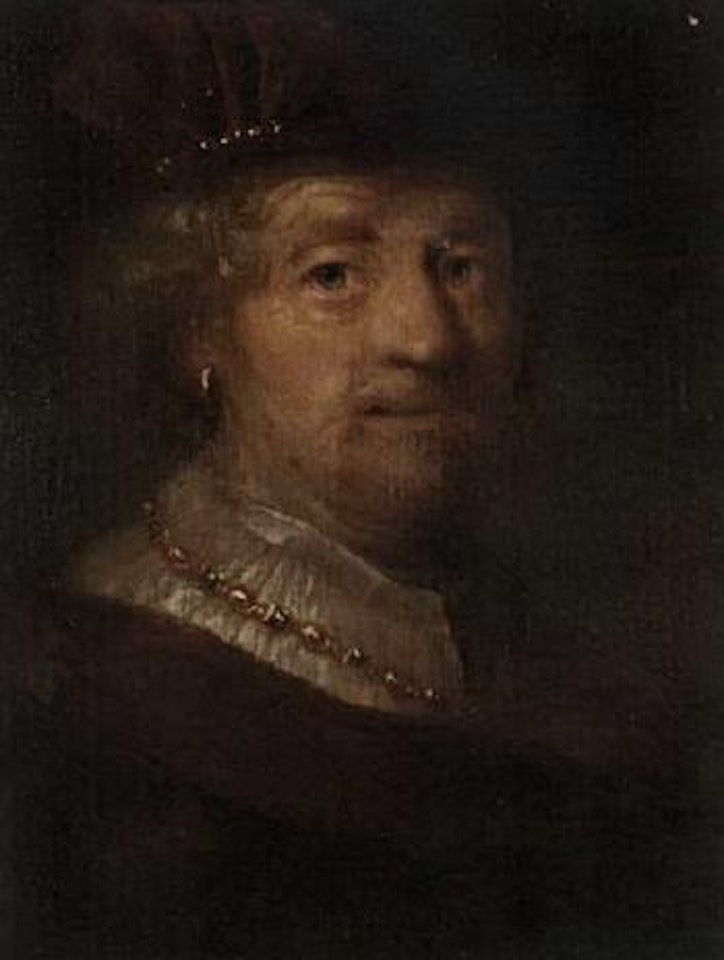 Gentleman wearing brown cap white shirt, gold chain by Attributed to Rembrandt Harmensz van Rijn