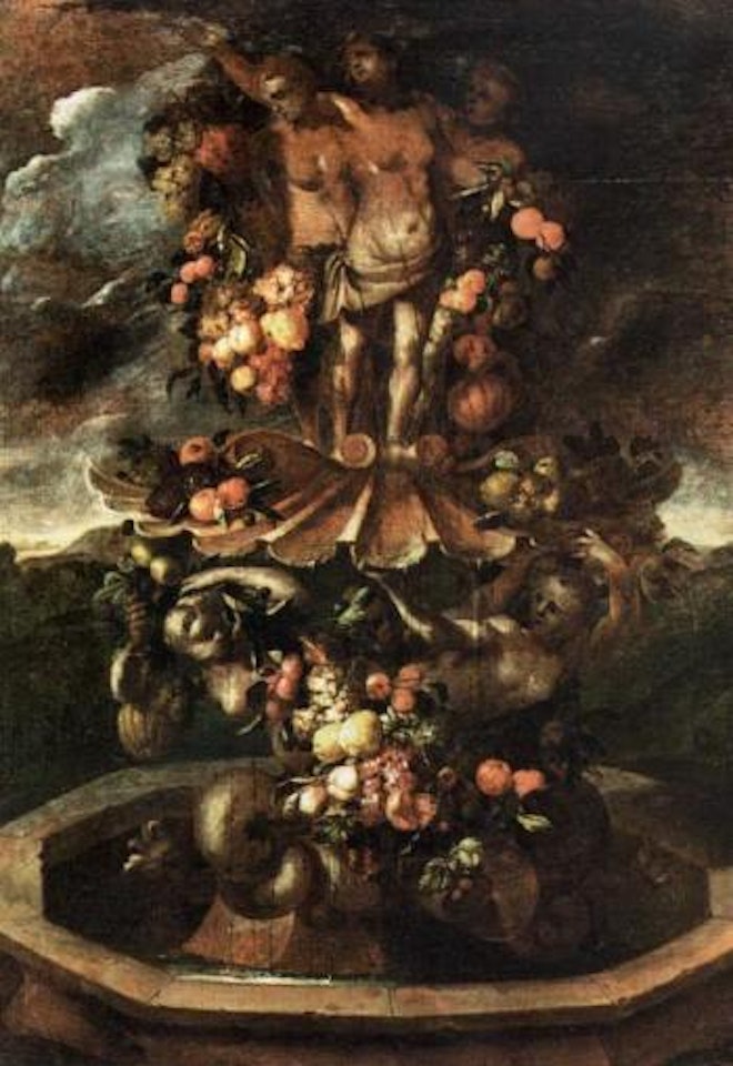 Sculptural fountain with fruit in a landscape by Dutch School